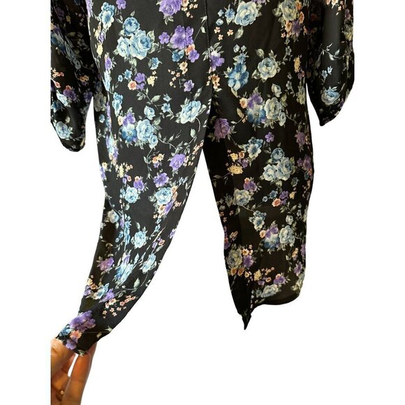 Pink Republic Blouse Size M Floral Top Black Dusty Blue 3/4 Roll Tab Sleeve - Picture 5 of 12